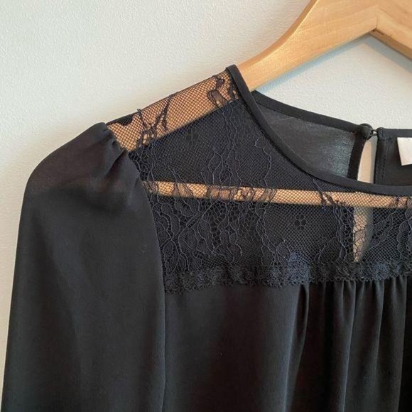LOFT Black Long Sleeve Lace Yoke Long Sleeve Popover Blouse - Picture 5 of 9